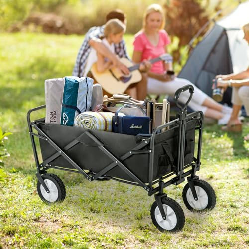 Bollerwagen, Faltbarer Wagen mit verstellbarem Griff, Picknickwagen mit 360° drehbarem Vorderrad, Transportwagen mit Getränkehalter, Strandwagen mit großer Kapazität, Gartenwagen (schwarz)