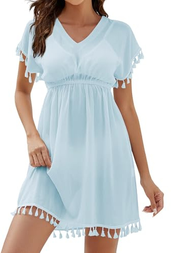 Weardear Damen Strandkleid Sommer Bikini Cover Up mit Quasten Chiffon Strandponcho Sexy V Ausschnitt Taille Bademode Hellblau L