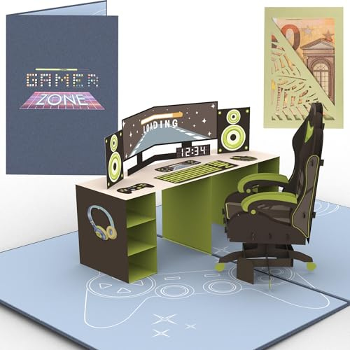 Sweetpopup® 3D Pop-Up Karte Gaming PC – Mit extra Geldgeschenk Verpackung – Perfekt für Gamer, Geburtstag und Glückwunsch – Ideal als Gutscheine z.B. Nintendo, Steam, Playstation, Xbox (Level Up 040)