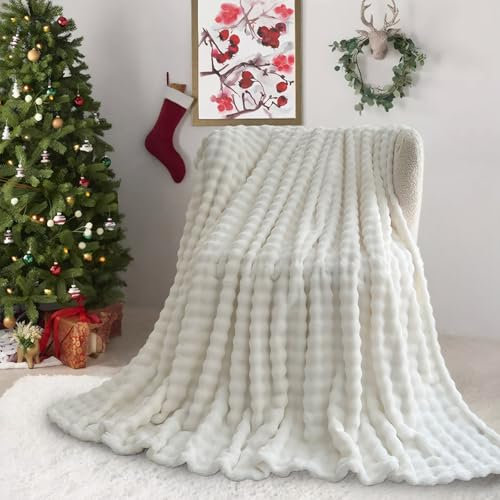 SHANNA Super Soft Warm Milk Velvet Cozy Bubbles 450 GSM Blankets Throws for Sofa Large Fluffy Versatile Blanket Bed Throw for Bedroom, Couch, Travel, Car, Camping (White, 100 * 160cm)