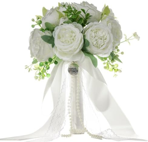 Wisafory Brautstrauß Hochzeitsstrauß Hochzeit Brautstrauss mit Perlen Vintage Brautschmuck Seidenblumen Künstliche Rosenstrauß Bouquet Brautjungfer Schöner Künstlich Blume für Hochzeit Weiß