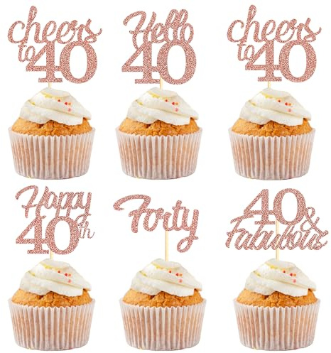 Sotpot 40th Birthday Cupcake Toppers Rose Gold Glitter 40 Fabulous Cheers to 40 Cupcake Decorations 30 pack for 40th Birthday Anniversary Party Decor Supplies