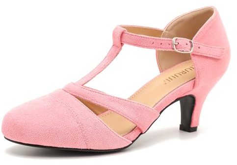 LIURUIJIA Women's T-Strap Mary Jane Pumps - Vintage Low Kitten Heels for Dance, Retro Party, or Cosplay Pink Velvet 8