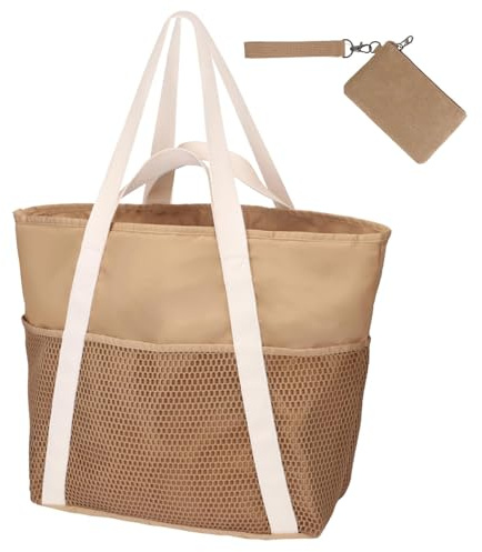 QITIXI:OU Strandtasche Damen, Große Braun Strandtasche mit Ein khakifarbenes Portemonnaie aus Canvas, Saunatasche Frauen, Große Wasserdicht Mesh Badetasche Familie Faltbar Beach Tote Bag Shopper