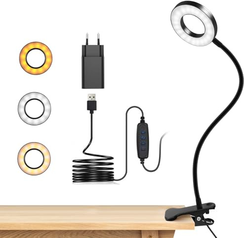 dowowdo Lampe de Lecture LED à Pince, Lampe de Bureau avec Bras Flexible 360°, 3 Modes & 10 Niveaux de Luminosité, Alimentation USB pour Lit, Bureau, École