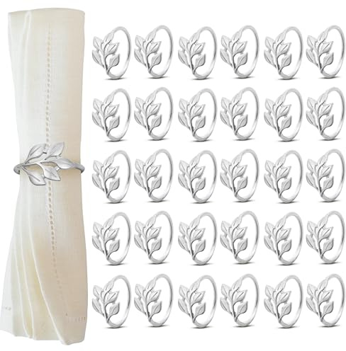Chumix Anillos para Servilletas Plata 30 Piezas, Servilleteros Individuales Diseño Hoja - Decoración Elegante para Mesas en Navidad, Bodas, Cenas, San Valentín, Pascua y Reuniones Familiares