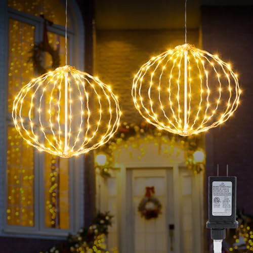 AGOTD Christmas Outdoor Decorations Ball Lights - 12 Inch Connectable Hanging Tree Globe Lights with 8 Lighting Modes, Timing Function Waterproof Indoor Outdoor (Warm White, 2pcs)