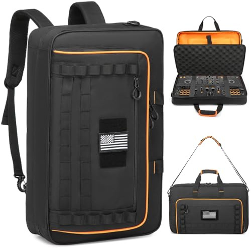 SLINRKE DJ Controller Case for DDJ-FLX4/ 200/400/SR2/REV1 Numark Party Mix 2/Mixtrack Platinum FX with 17.3 Laptop Compartment, DJ Controller Bag with Thick EVA Padding, Black+Orange