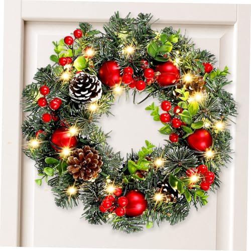 FIXOSHEE Christmas Front Door Wreath with LED Lights PVC Red Berry Vine Ring Xmas Hanging Decoration for Home Wall Fireplace Festive Holiday Layout Prop