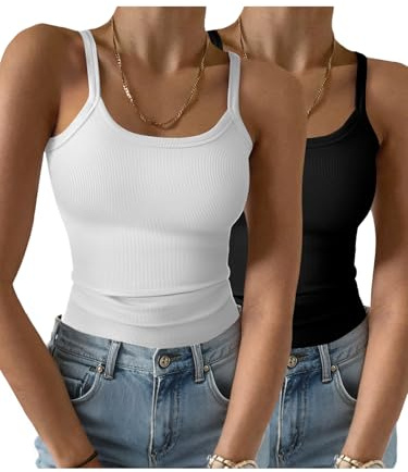 GKBK 2 Pack Womens Sleeveless Tank Top Form Fitting Spaghetti Strap Scoop Neck Ribbed Knit Workout Lounge Basic Slim Fitted Crop Summer 2026 Cami Layering Casual Shirts Black White S
