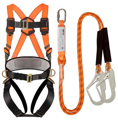 QFU Safety harness fall protection kit, equipped with shock-absorbing ropes, full-body safety harness for roof work (orange and black)