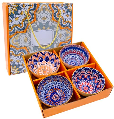 inheming Bohemian Ceramic Bowls Set of 4, 10oz/300ml Small Spice Bowls for Soup, Cereal, Desserts Rice Dessert Bowl with Gift Box,Microwave & Dishwasher Safe