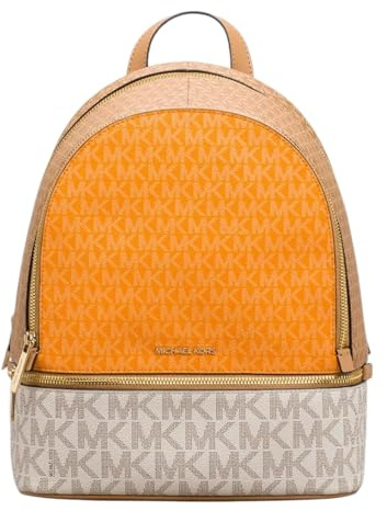 Michael Kors Damen Rucksack Rhea Medium – gemustert, hochwertiges Lederimitat, goldfarbene Details, Logo-Print, zwei Reißverschlussfächer