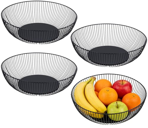 KEILEOHO Lot de 4 corbeilles à fruits en fil métallique noir pour légumes, collations, rondes, 28 x 7,5 cm