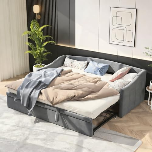 Poeahu Schlafsofa 90/180 x 200 cm, Ausziehbett für 2 Personen mit Lattenrost, ausziehbares LTS-Sofa, Multifunktionsbett für Wohnzimmer und Büro, ohne Matratze, Samtstoff, Grau