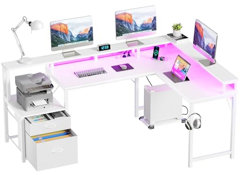 YOUDENOVA Hörnskrivbord med lådor skrivbord L form 168 x 100 cm spelbord med LED-datorbord med uttag och USB-laddningsport kontorsbord vitt
