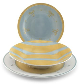 H&H Servizio Tavola Daisy in Porcellana Decorata 18 Pezzi – 6 Piatti Piani 27 cm, 6 Fondi 23 cm, 6 Frutta 19 cm Forma Ala – Idoneo Lavastoviglie e Microonde