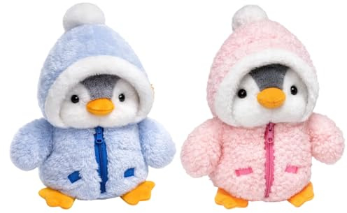 RxaGtn Pinguin Kuscheltier, Kuscheltiere, Pinguin Geschenk Set mit rosa und Blauer Kleidung, Ideal als Schlafbegleiter und Dekoration, Geburtstag, Valentinstag, Erntedankfest