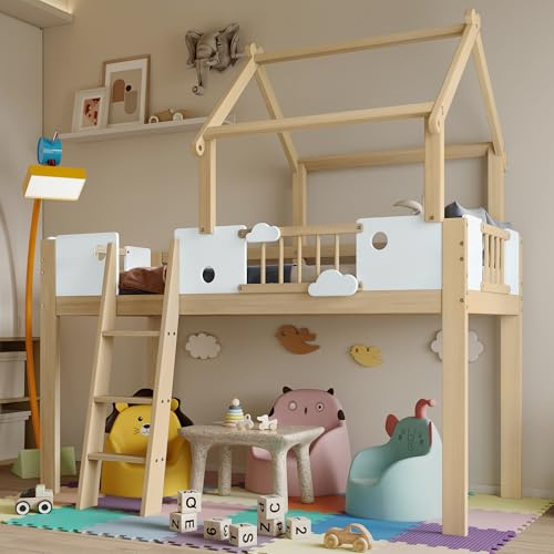 Hochbett Etagenbett 90x200 Natur Weiß Stockbett mit Dach Sicherheitsgitter Schrägleiter Bettgestell in Holzoptik aus Kiefern-Massivholz Kiefer Funktionsbett für Jugendzimmer Gästezimmer WG-Zimmer
