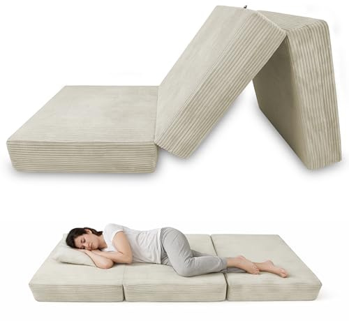 POKAR Klappmatratze 80x195x15 cm aus Cord | 3-teilige Faltmatratze als Gästebett | Faltbare Matratze für Gäste und Camping | Extra Dicke Schaumstoffmatratze | Oeko-TEX | Made in EU | Elfenbein