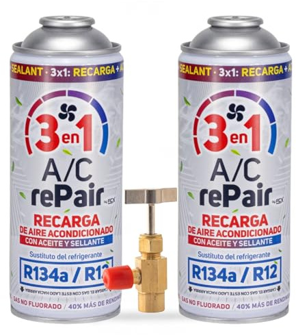 A/C rePair Recarga Aire Acondicionado Coche 3 en 1 Compatible R134a/R12 hasta 2016 – Sustituto Refrigerante con Sellador y Lubricante 400ml (2 ENVASE + LLAVE)