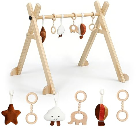 Relaxdays lekbåge i trä, 6 avtagbara hängande figurer, HBT: 55 x 68 x 59,5 cm, främjar motorik, babygym, natur