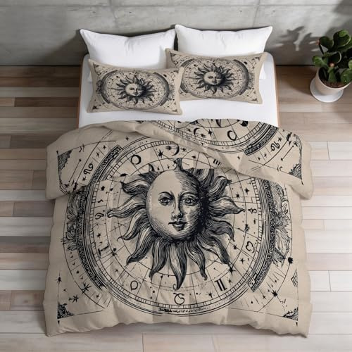 Barntäcke, 140 x 200 cm, vintage beige för flicka pojke - sängkläder för 1 person, lätt och mjukt - galax, sol, måne och stjärna täcke med 2 örngott