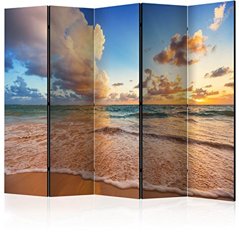 RAUMTEILER/PARAVENT B&D XXL - Paravent Raumteiler Innen Meer Natur Himmel Strand 225x172 cm 5-teilig Einseitig Raumtrenner Trennwand Holz Room Divider Spanische Wand Raum Abtrennung blau beige