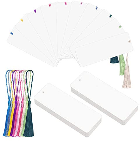 WANDIC 60 Stück Blanko Lesezeichen Sets, Leeres Lesezeichen & 60 Stück Bunte Quasten, mit Loch, Weiß Rohlinge Basteln Papier für DIY Handwerk Geschenkanhänger