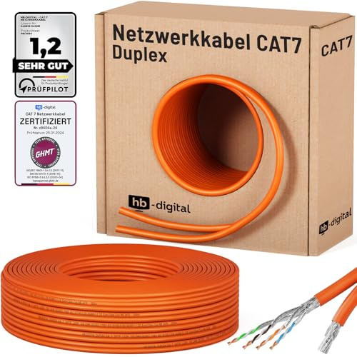 HB-DIGITAL 25m CAT 7 Netzwerkkabel LAN Kabel Verlegekabel Ethernet Installationskabel 10 Gbit/s AWG23 S/FTP - GHMT Zertifiziert - reines Kupfer LSZH BauPVO Klasse Cca Datenkabel Duplex - Orange