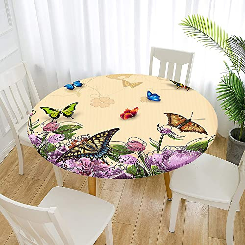 Morbuy Rund Tischdecke Elastisch, Schmetterling Drucken Rund Tischdecken Wasserdicht Lotuseffekt Abwaschbar Abwischbar Tischtuch für Garten Outdoor Küchentisch (Für Tisch 80-90 cm,Beige)