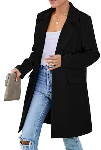 PRETTYGARDEN Women's 2025 Fall Long Blazer Jackets Long Sleeve Lapel Pockets Loose Fit Work Casual Blazers Outerwear (Black,Large)