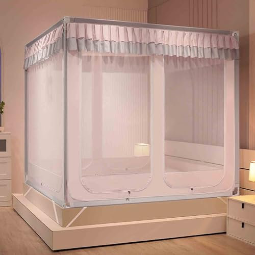 JUSHZ Moskitonetz Reise Doppelbett Reisebett Mückennetz Bett Mosquito Net Fliegennetz Verdunkelungs Staubdichtes Oberteil Dicke Halterung Großer Raum Eingebaute Feste Elastische (pink,120x200x170cm)