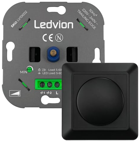 Ledvion - Variateur de Lumiere LED, LED Dimmables 5–600W / Halogène 10–600W, Couverture Noire, à Découpage de Phase, Variateur Rotatif Encastré, Interrupteur Variateur LED