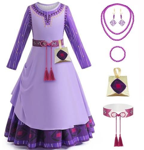 Cnexmin Wish Asha Costume Ragazza Vestito da Principessa Asha per Bambini con Accessori Halloween Natale Compleanno Festa Festa Carnevale Cosplay Vestito da Sera Viola 6-7 Anni/120