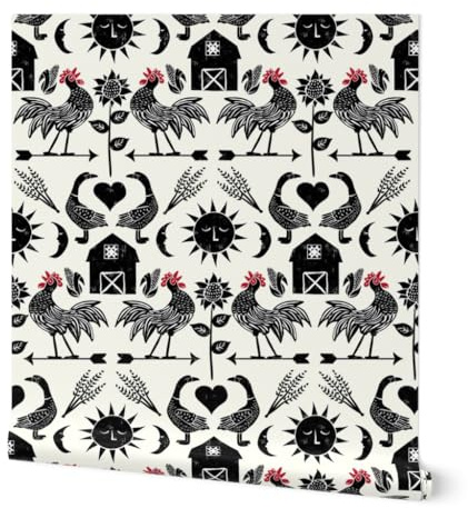 Removable Wallpaper 12ft x 2ft - Modern Farmhouse Minimalist Barn Rooster Weathervane Sun Moon Duck Animals Sunflower Custom Pre-Pasted Wallpaper by Spoonflower