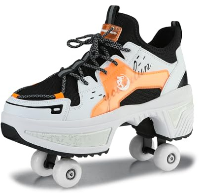 Schuhe mit Rollen für Jungen Mädchen, Rollschuhe mit 4 Einziehbaren Rädern, 2-in-1 Rollschuhen und Sneakers, Roller Skate Shoes für Kinder Teenager (Orange, 39)