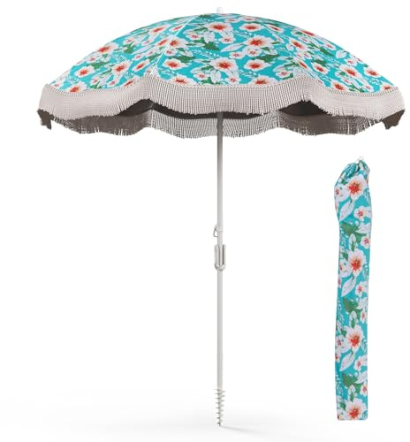 GOPLUS 200 cm Sonnenschirm mit Fransen, Strandschirm tragbar mit Lichtschutzfaktor 50+, Tragetasche & Neigung per Druckknopf, Gartenschirm knickbar für Garten, Balkon und Poolbereich
