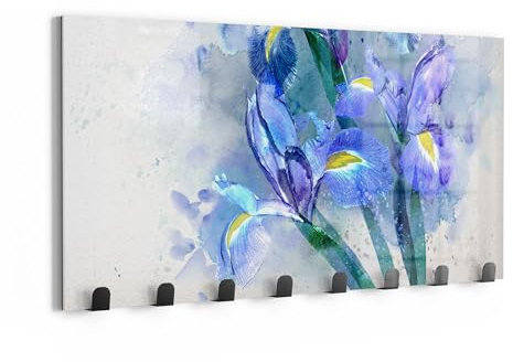 DEQORI Wandgarderobe Glas & Metall | Motiv Blaue Iris Pracht | 60x30 cm | Design Haken-Leiste modern | Garderoben-Paneel für Flur, Wohnzimmer & Schlafzimmer | magnetisch & beschreibbar
