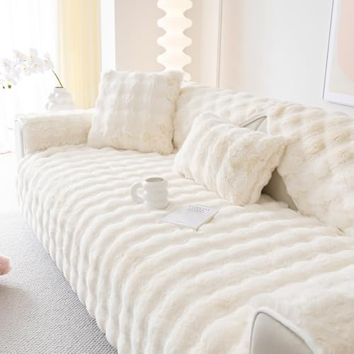 Alishomtll Plüsch Sofabezug Ecksofa 1/2/3/4 Sitzer, Universelle rutschfeste Sofa Überzug, L Form Couch Überzug Sofaschoner, Waschbar Sofaüberwurfe Sofadecke für Wohnzimmer, Beige 70x150cm