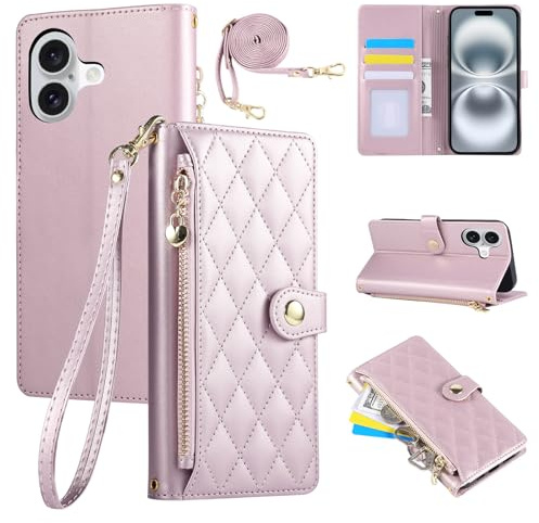 Rosbtib Fodral för iPhone 16 5G 2024 6,1 tum, PU-läder rutnät broderi telefonskal (handledsrem och lång rem crossbody) fodral för iPhone 16, rosa