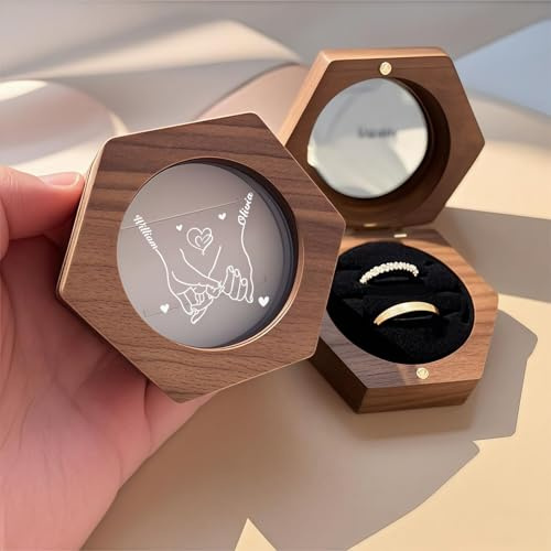 Drawelry Personalisiert Holz Hexagon Ringbox mit Foto Name Gravur Ringschatulle Walnuss Verlobung Ringe Box Schmuck Kasten für Paare Ehefrau Freundin Valentinstag Jahrestag Hochzeit Geschenke (B4)