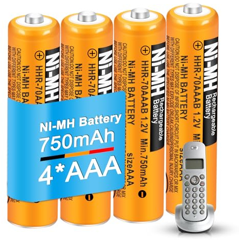 NI-MH AAA Akku Wiederaufladbare 750mAh 1.2V HHR-70AAAB für Gigaset Telefon | 4 Stück Telefonakku für Gigaset BT Panasonic Schnurlostelefon, Ersatzakku Batterien