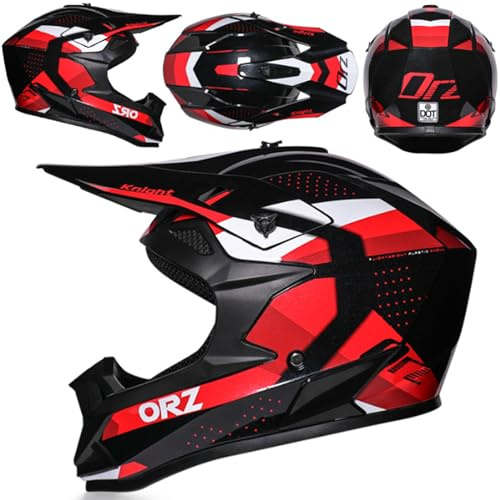 MODRYER ATV Offroad Motorradhelm ECE-Zertifiziert Motocross Helm MX Dirtbike Helm Kinder Erwachsene Integralhelm Crosshelm Fullface Mit Brille Handschuhe Maske Für Enduro Quad,Red-S/52~53cm