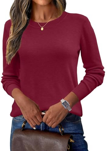 Yutdeng Maglione da Donna Girocollo Misto Lana Elegante Autunno Inverno Caldo Maglione Lavorato a Maglia Pullover Casual Magliones Maniche Lunghe Tinta Unita Maglia Top,Vino Rosso,M