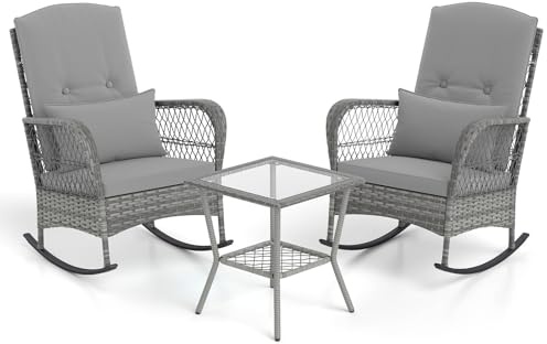 COSTWAY 3 Pieces Patio Rattan Bistro Set, Outdoor Rocking Chairs and Table Set with Cushions and Pillows, Garden Furniture Set Wicker Conversation Sofa Table for Balcony Yard Lawn Poolside (Grey)