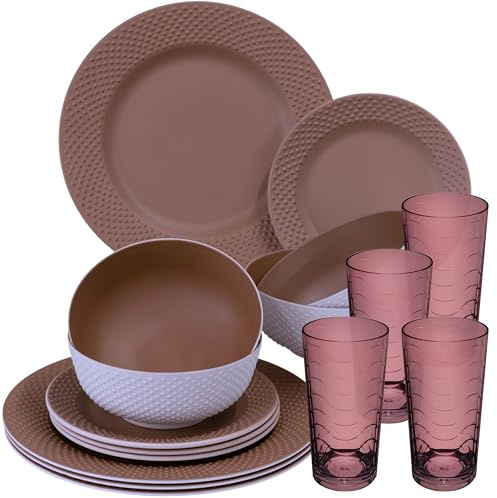Service de table en mélamine pour 4 personnes - 16 pièces - Aspect faïence élégant dans un ton rose chaud - Avec verre coloré de 260 ml - Vaisselle de camping - Passe au lave-vaisselle - Pour