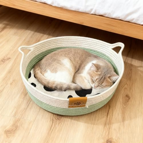 UCFBWO Kattsäng, tvättbar av bomullsrep, 40 cm kattkorg med bomullskudde, flätad kattkorg, kattkorg för att sova, alla årstider universell