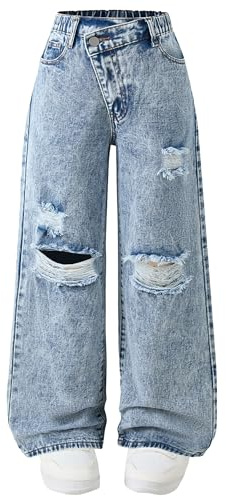 Happy Cherry Filles Jeans Jambe Large Enfants Mode Déchiré Troué Jean Élastique Taille Bleu Denim Pantalon Large avec Poches