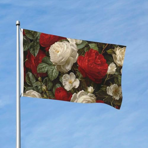 Flagge, 90 x 150 cm, Dekoration, Gartenflaggen, robustes Banner, rot-weiße Rosen, Flagge, Outdoor-Banner mit 2 Ösen, Willkommensflaggen für Urlaub, alle Jahreszeiten